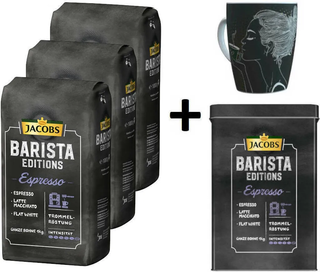 JACOBS Kaffeebohnen Barista Editions Espresso 3 Kg Espressobohnen + 1 Jacobs Barista Becher +1 Dose 3 JACOBS Kaffeebohnen Barista Editions Espresso 3 Kg Espressobohnen + 1 Jacobs Barista Becher +1 Dose