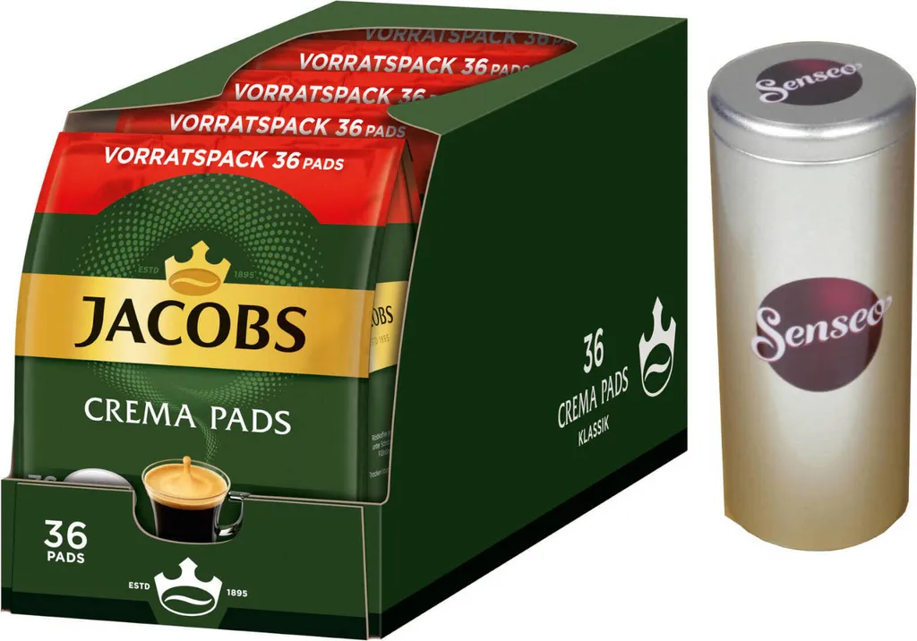 JACOBS Pads Crema Classic UTZ- 5 X 36 Getränke Vorteilspack + 1 Senseo Dose 3 JACOBS Pads Crema Classic UTZ- 5 X 36 Getränke Vorteilspack + 1 Senseo Dose