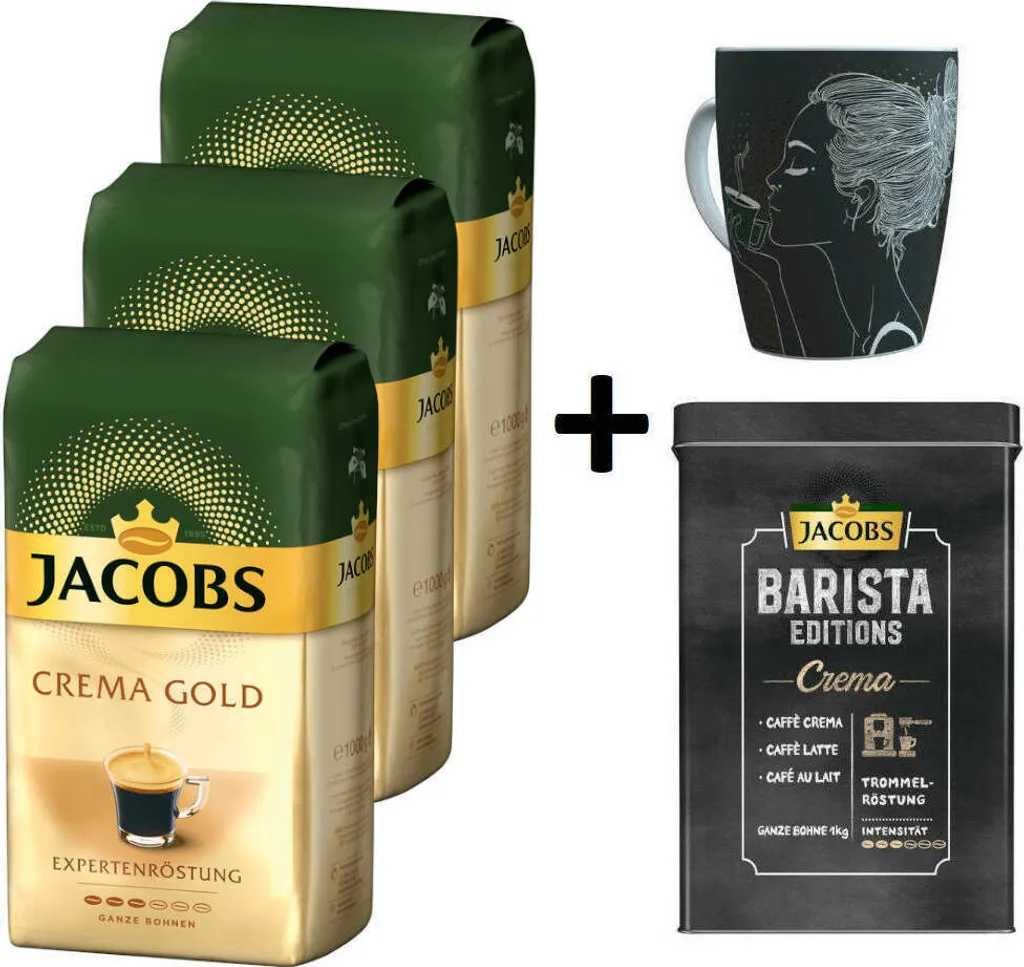 JACOBS Kaffeebohnen Expertenröstung Crema Gold 3 Kg Geröstete Bohnen+ 1 Jacobs Barista Becher+ 1 Dose 3 JACOBS Kaffeebohnen Expertenröstung Crema Gold 3 Kg Geröstete Bohnen+ 1 Jacobs Barista Becher+ 1 Dose