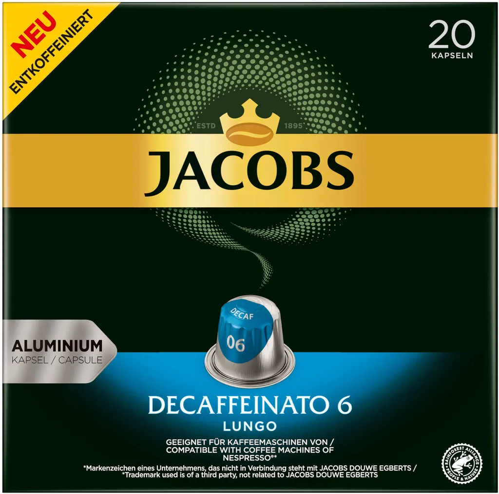 JACOBS Kapseln Decaffeinato 6 Lungo Entkoffeiniert 1 X 20 Nespresso®* Kompatible Kaffeekapseln