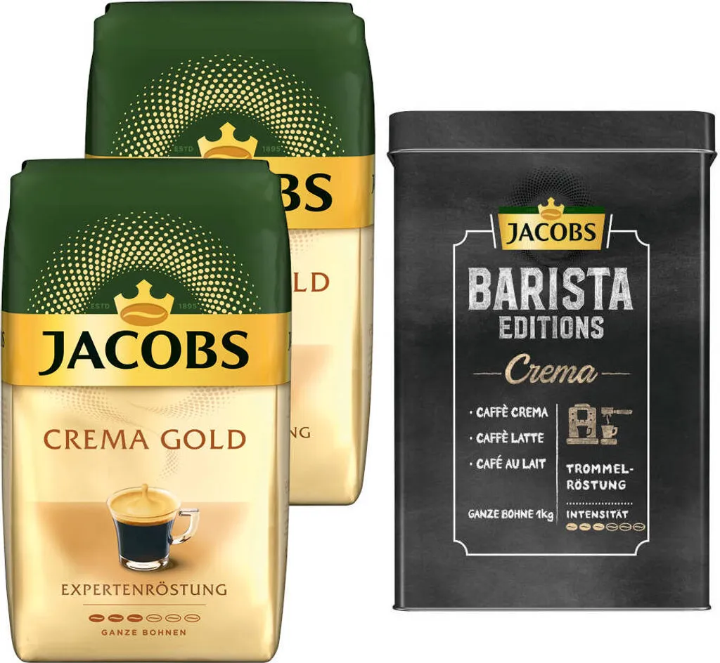 JACOBS Kaffeebohnen Expertenröstung Crema Gold 2 X 1 Kg Ganze Kaffee Bohnen + 1 Aluminium Dose Barista Design 3 JACOBS Kaffeebohnen Expertenröstung Crema Gold 2 X 1 Kg Ganze Kaffee Bohnen + 1 Aluminium Dose Barista Design