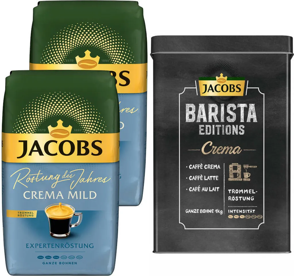 JACOBS Kaffeebohnen Expertenröstung Crema Mild Röstung Des Jahres 2 X 1 Kg + 1 Aluminium Dose Barista Design 3 JACOBS Kaffeebohnen Expertenröstung Crema Mild Röstung Des Jahres 2 X 1 Kg + 1 Aluminium Dose Barista Design