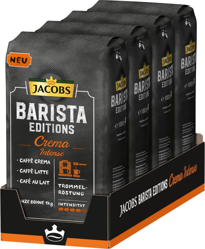 Jacobs Barista Editions Crema Intense, Bohnenkaffee, Ganze Bohnen, Röstkaffee, Kaffeebohnen, 4 X 1000 G 3 Jacobs Barista Editions Crema Intense, Bohnenkaffee, Ganze Bohnen, Röstkaffee, Kaffeebohnen, 4 X 1000 G