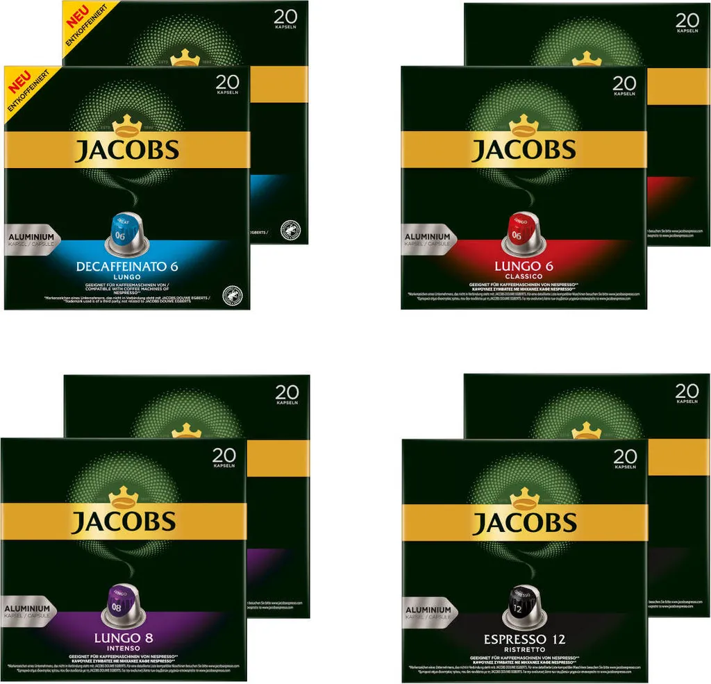 JACOBS Kapseln Nespresso®* Kompatibel Je 20 Kapseln Lungo 6 Classico + Decaffeinato 6 Lungo + Lungo 8 Intenso + Espresso 12 Ristretto - Insgesamt 160 Getränke