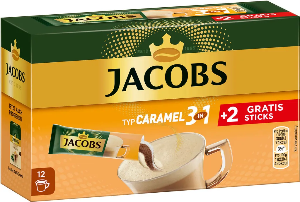 JACOBS Löskaffee 3in1 Typ Caramel Löslicher Kaffee 12 X 10+2 Getränke Sticks 4 JACOBS Löskaffee 3in1 Typ Caramel Löslicher Kaffee 12 X 10+2 Getränke Sticks – Bild 2